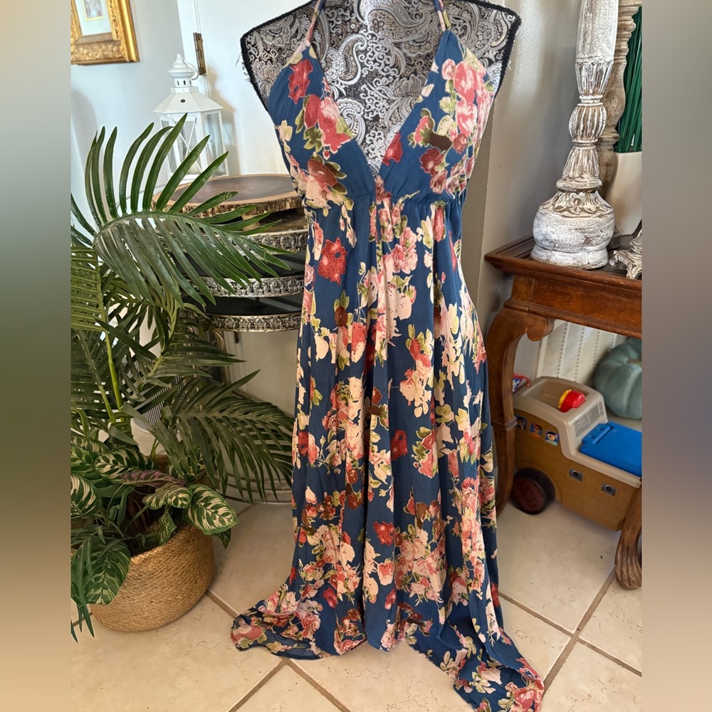 Blue Floral High-Low Maxi Dress with Pink Accents